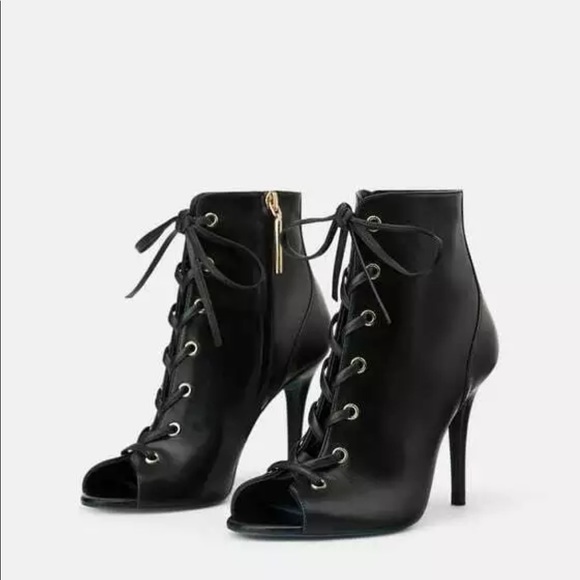 Zara Black Leather LaceUp bootie open-toe Stiletto - Picture 9 of 10